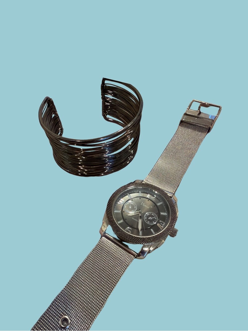 Silver Mesh Band Watch - Silver with cuff bracelet
